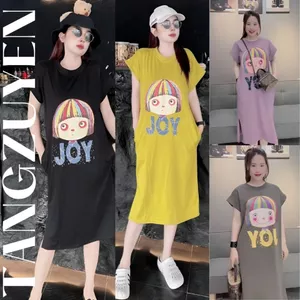 Đầm nữ form rộng Váy suông thun cotton dáng dài xẻ tà không cổ cộc tay họa tiết chibi cô gái JOY bigsize bầu cute T1328G