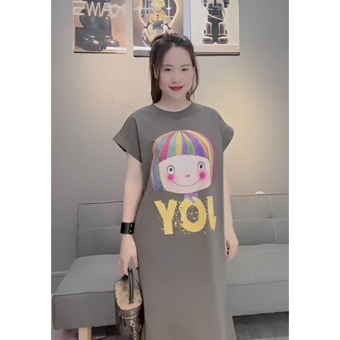 Đầm nữ form rộng Váy suông thun cotton dáng dài xẻ tà không cổ cộc tay họa tiết chibi cô gái JOY bigsize bầu cute T1328G