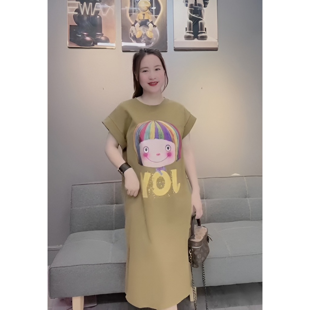 Đầm nữ form rộng Váy suông thun cotton dáng dài xẻ tà không cổ cộc tay họa tiết chibi cô gái JOY bigsize bầu cute T1328G