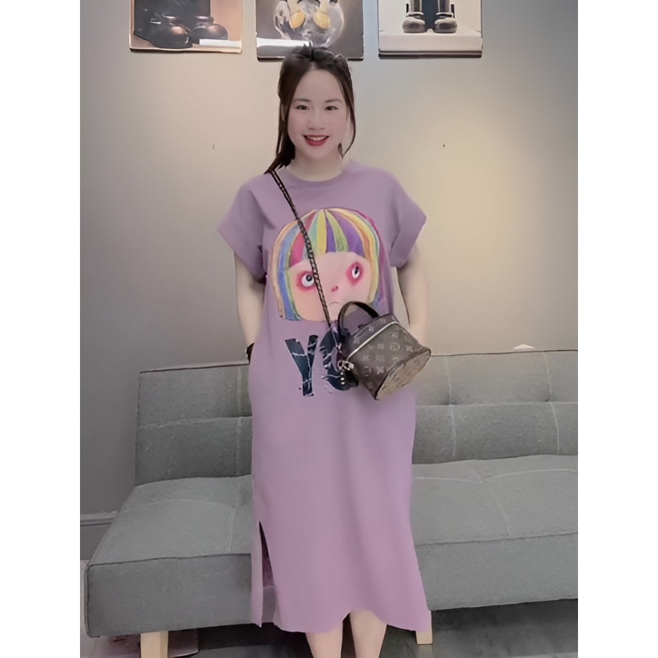 Đầm nữ form rộng Váy suông thun cotton dáng dài xẻ tà không cổ cộc tay họa tiết chibi cô gái JOY bigsize bầu cute T1328G
