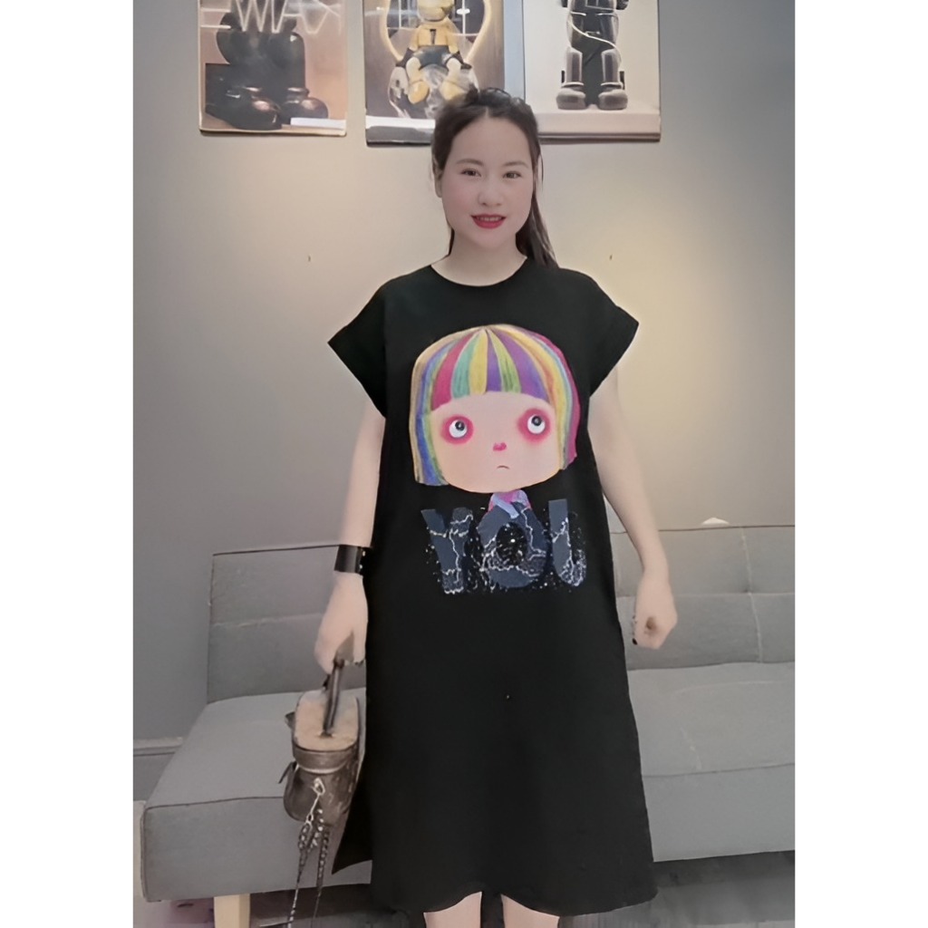 Đầm nữ form rộng Váy suông thun cotton dáng dài xẻ tà không cổ cộc tay họa tiết chibi cô gái JOY bigsize bầu cute T1328G