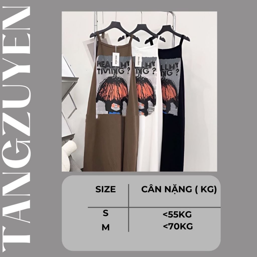 Đầm nữ Váy 2 dây cotton dài qua gối suông rộng xẻ tà đen nâu trắng in họa tiết mặc nhà đi chơi thể thao bầu T1329G