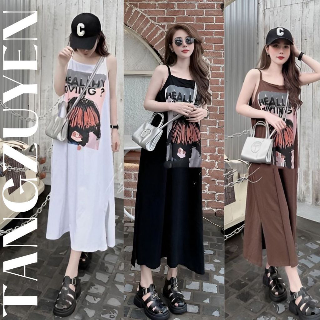 Đầm nữ Váy 2 dây cotton dài qua gối suông rộng xẻ tà đen nâu trắng in họa tiết mặc nhà đi chơi thể thao bầu T1329G