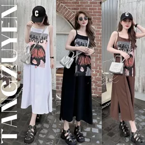 Đầm nữ Váy 2 dây cotton dài qua gối suông rộng xẻ tà đen nâu trắng in họa tiết mặc nhà đi chơi thể thao bầu T1329G