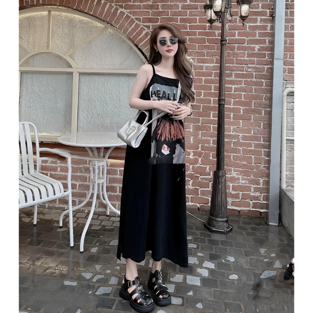 Đầm nữ Váy 2 dây cotton dài qua gối suông rộng xẻ tà đen nâu trắng in họa tiết mặc nhà đi chơi thể thao bầu T1329G