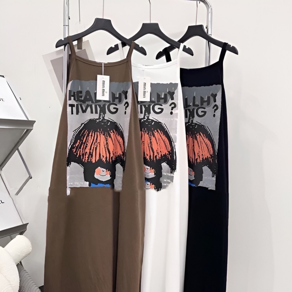 Đầm nữ Váy 2 dây cotton dài qua gối suông rộng xẻ tà đen nâu trắng in họa tiết mặc nhà đi chơi thể thao bầu T1329G