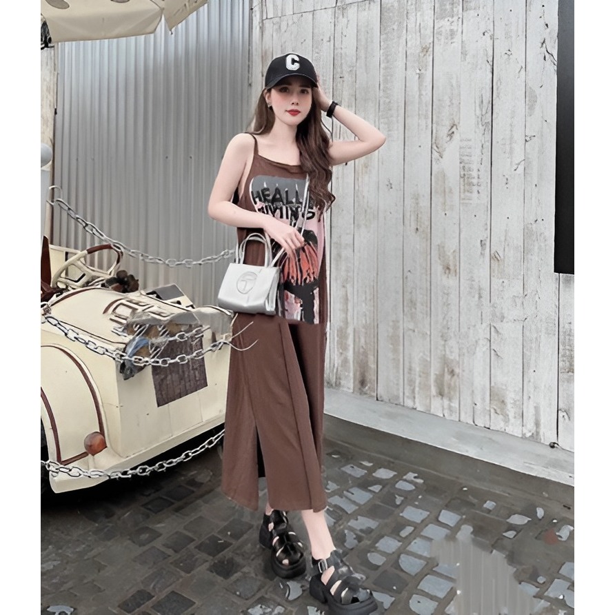 Đầm nữ Váy 2 dây cotton dài qua gối suông rộng xẻ tà đen nâu trắng in họa tiết mặc nhà đi chơi thể thao bầu T1329G