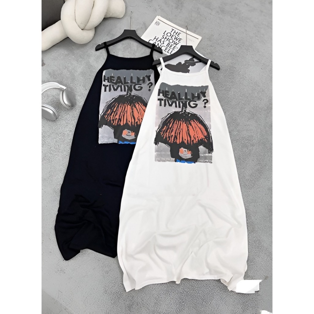 Đầm nữ Váy 2 dây cotton dài qua gối suông rộng xẻ tà đen nâu trắng in họa tiết mặc nhà đi chơi thể thao bầu T1329G