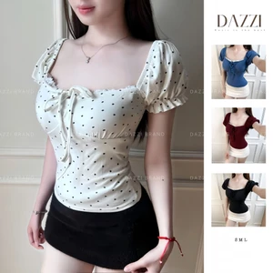 Áo thun nữ cổ vuông phối ren thắt nơ tay phồng xinh xắn vải Cotton mịn DAZZI Women A052