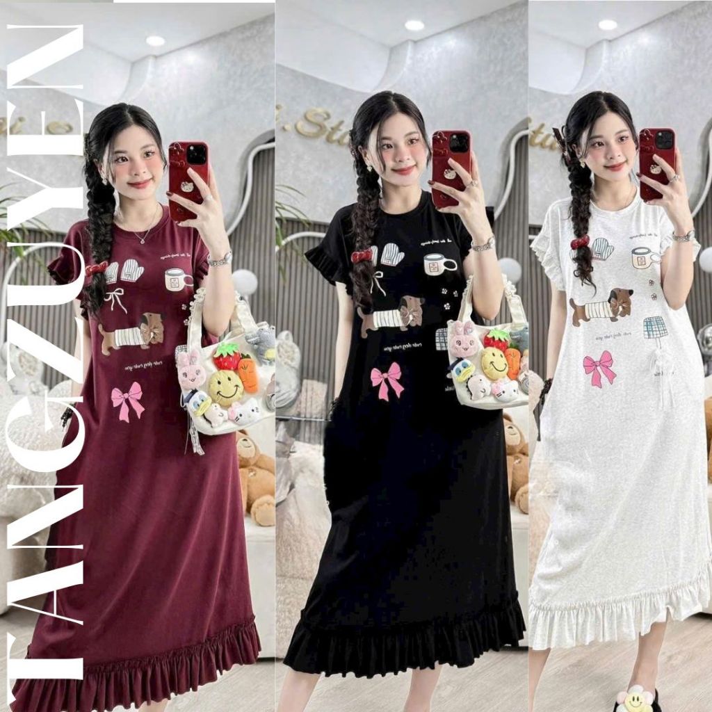 Đầm nữ Váy thun dáng suông rộng cộc tay dáng dài không cổ họa tiết hoạt hình cute phối bèo bigsize bầu mặc được T1316G