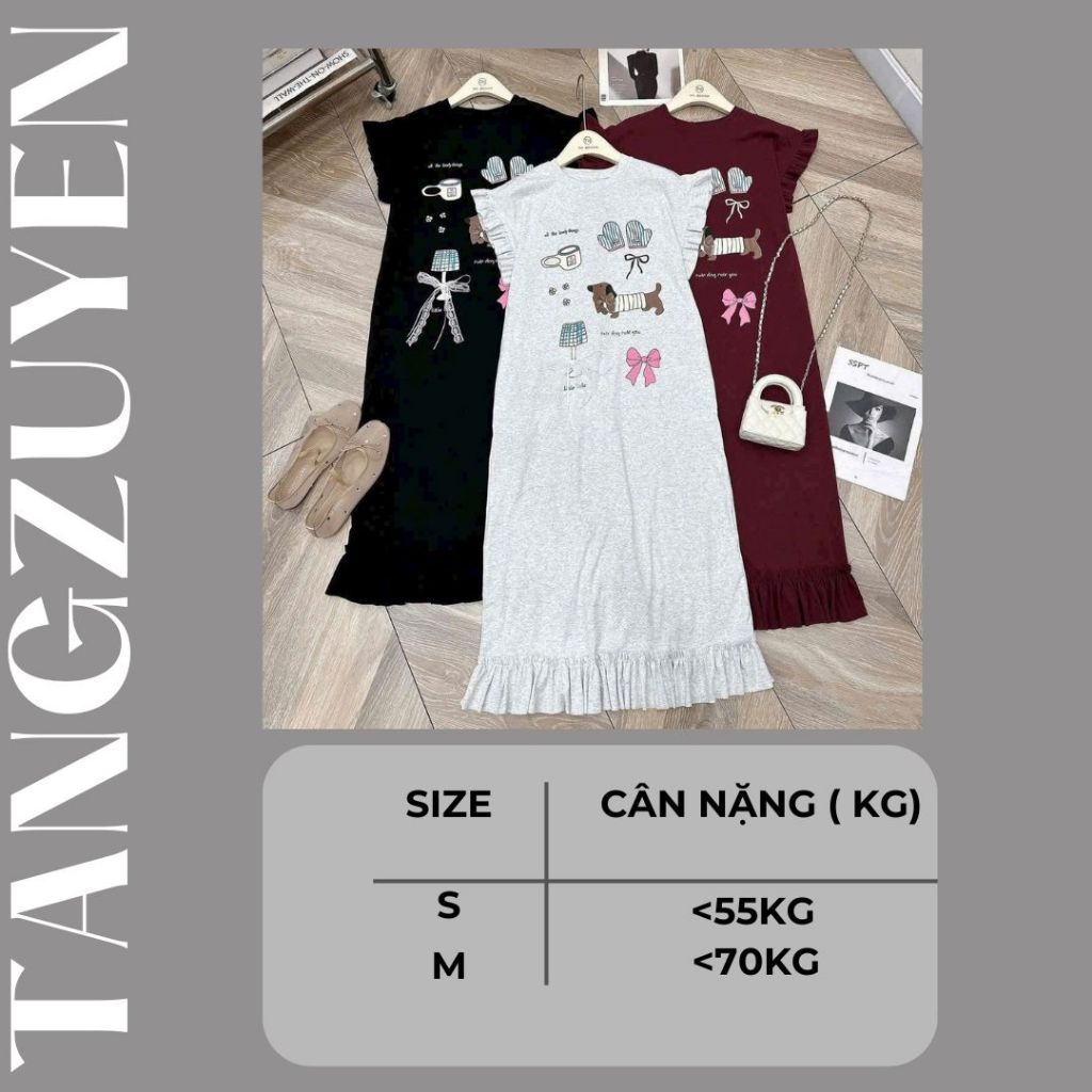 Đầm nữ Váy thun dáng suông rộng cộc tay dáng dài không cổ họa tiết hoạt hình cute phối bèo bigsize bầu mặc được T1316G