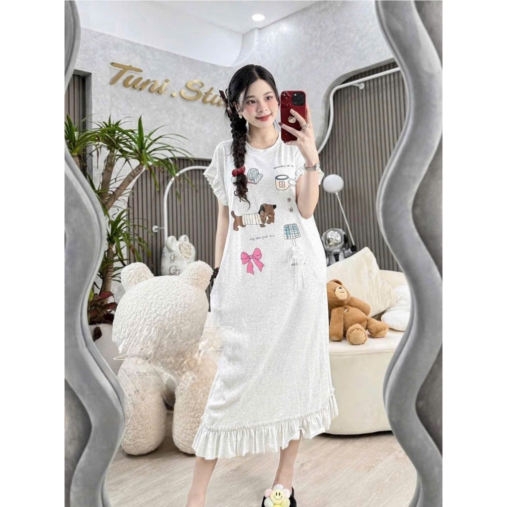 Đầm nữ Váy thun dáng suông rộng cộc tay dáng dài không cổ họa tiết hoạt hình cute phối bèo bigsize bầu mặc được T1316G