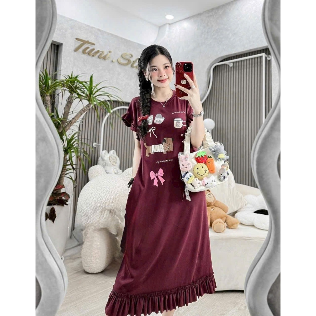 Đầm nữ Váy thun dáng suông rộng cộc tay dáng dài không cổ họa tiết hoạt hình cute phối bèo bigsize bầu mặc được T1316G