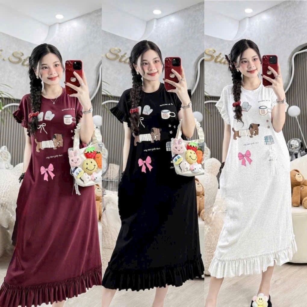 Đầm nữ Váy thun dáng suông rộng cộc tay dáng dài không cổ họa tiết hoạt hình cute phối bèo bigsize bầu mặc được T1316G