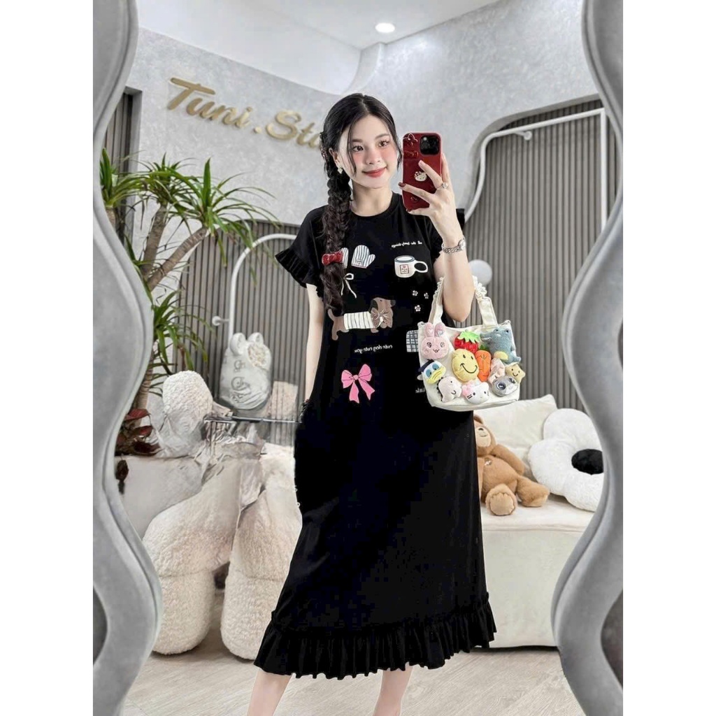 Đầm nữ Váy thun dáng suông rộng cộc tay dáng dài không cổ họa tiết hoạt hình cute phối bèo bigsize bầu mặc được T1316G