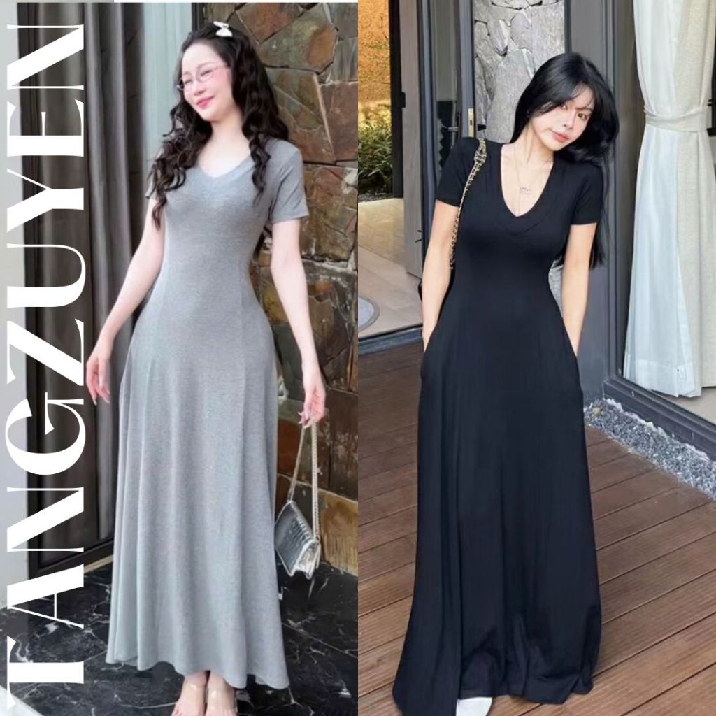 Đầm thun tăm đơn giản đi chơi mặc nhà thanh lịch ngắn tay xinh trẻ Váy dài maxi cộc tay cổ tim xòe đen xám basic T1311G