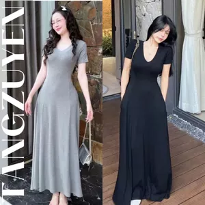 Đầm thun tăm đơn giản đi chơi mặc nhà thanh lịch ngắn tay xinh trẻ Váy dài maxi cộc tay cổ tim xòe đen xám basic T1311G
