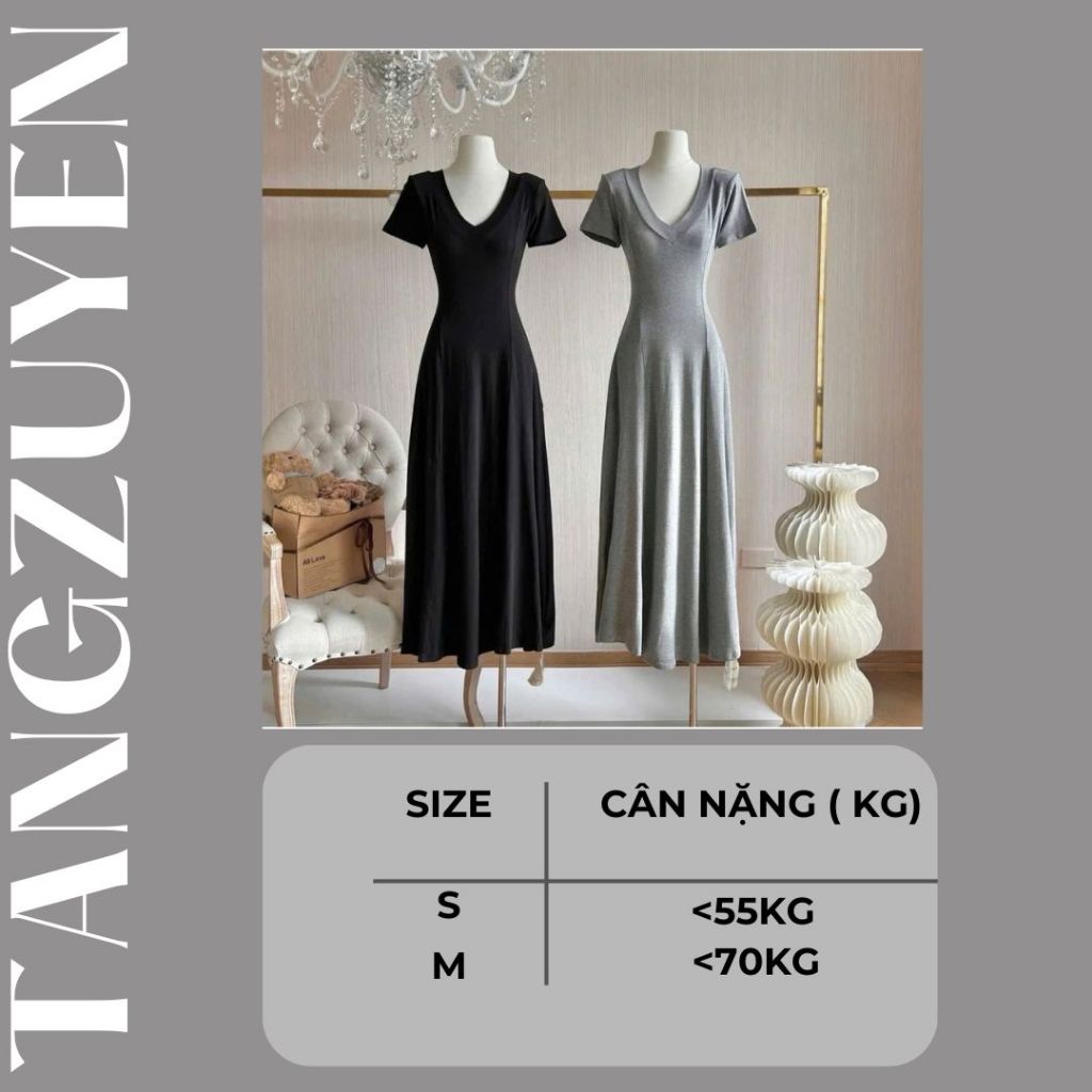 Đầm thun tăm đơn giản đi chơi mặc nhà thanh lịch ngắn tay xinh trẻ Váy dài maxi cộc tay cổ tim xòe đen xám basic T1311G