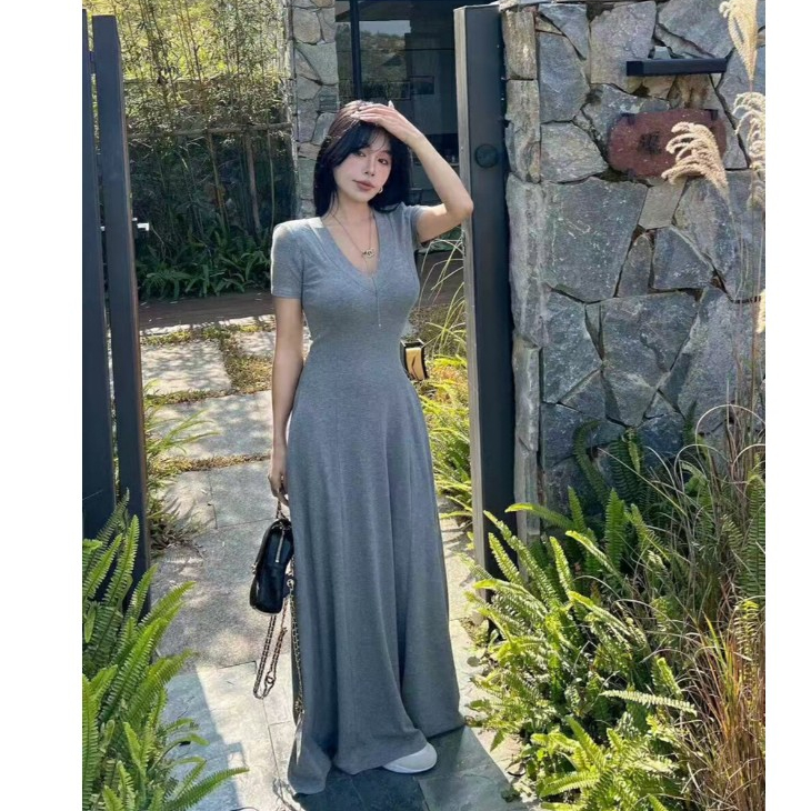 Đầm thun tăm đơn giản đi chơi mặc nhà thanh lịch ngắn tay xinh trẻ Váy dài maxi cộc tay cổ tim xòe đen xám basic T1311G