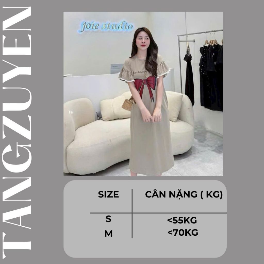 Đầm nữ dài qua gối hoa tiết nơ to Váy thun không cổ dáng suông tay áo cánh tiên viền ren bigsize bầu mặc được T1315G