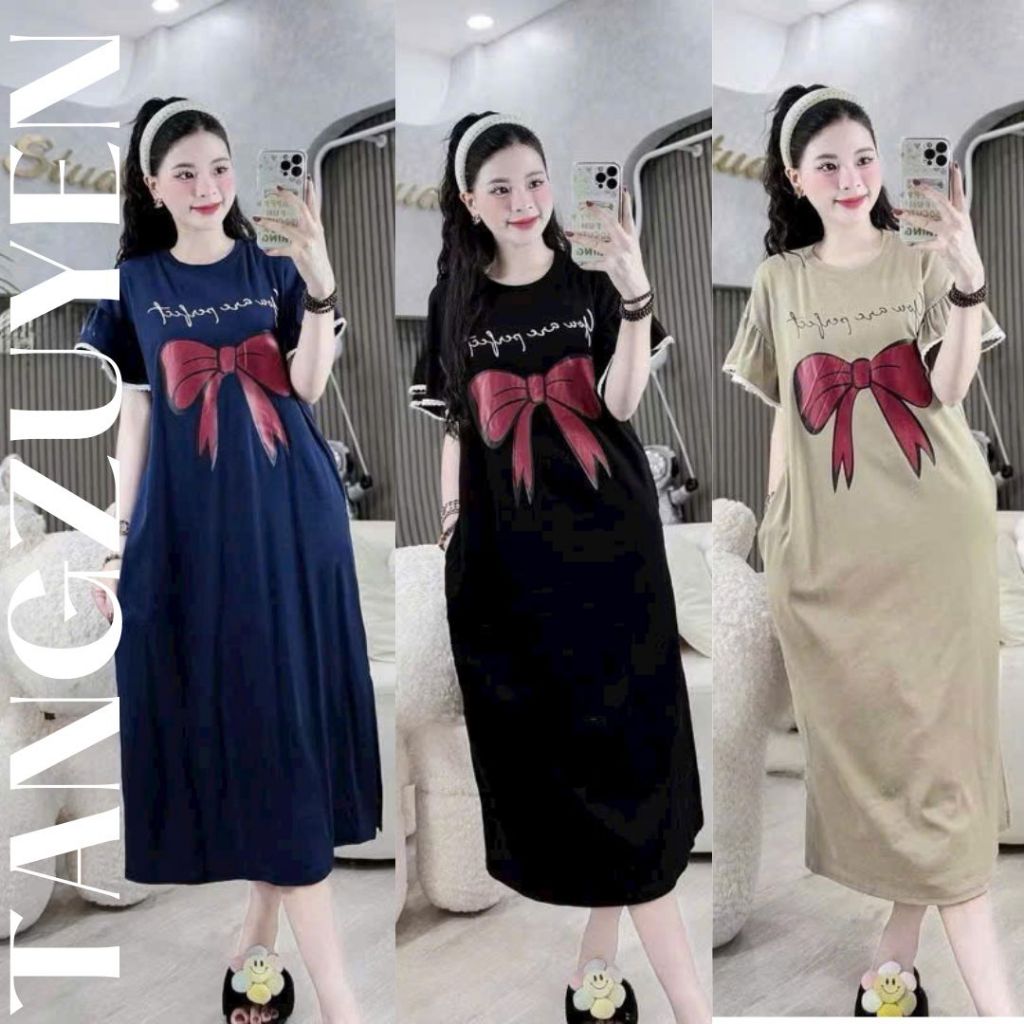 Đầm nữ dài qua gối hoa tiết nơ to Váy thun không cổ dáng suông tay áo cánh tiên viền ren bigsize bầu mặc được T1315G