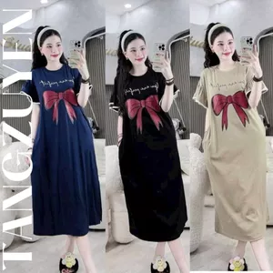 Đầm nữ dài qua gối hoa tiết nơ to Váy thun không cổ dáng suông tay áo cánh tiên viền ren bigsize bầu mặc được T1315G