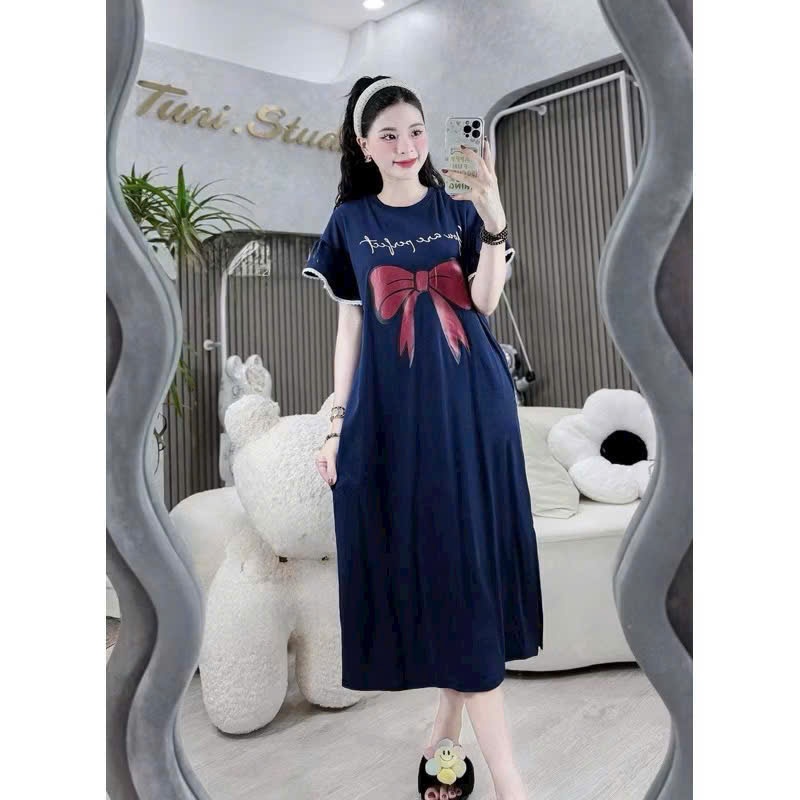Đầm nữ dài qua gối hoa tiết nơ to Váy thun không cổ dáng suông tay áo cánh tiên viền ren bigsize bầu mặc được T1315G