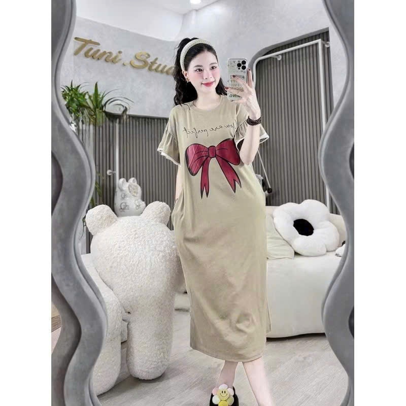 Đầm nữ dài qua gối hoa tiết nơ to Váy thun không cổ dáng suông tay áo cánh tiên viền ren bigsize bầu mặc được T1315G