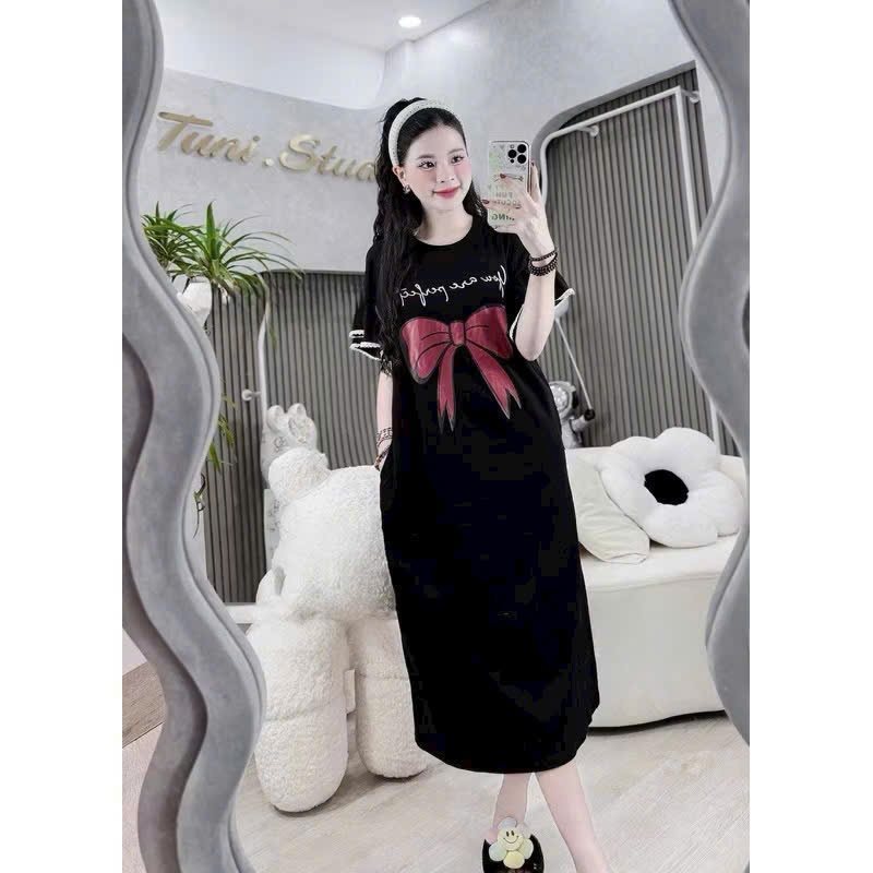 Đầm nữ dài qua gối hoa tiết nơ to Váy thun không cổ dáng suông tay áo cánh tiên viền ren bigsize bầu mặc được T1315G
