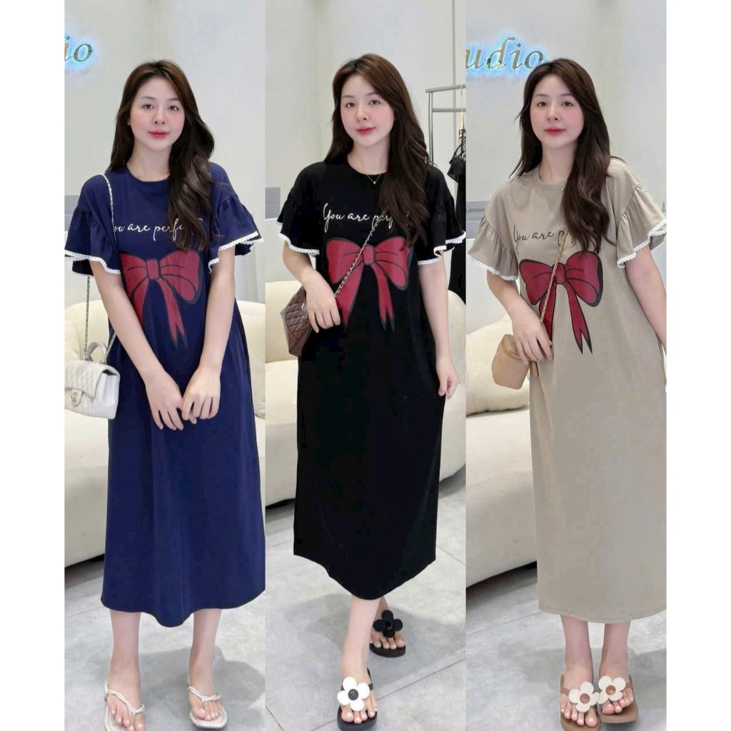 Đầm nữ dài qua gối hoa tiết nơ to Váy thun không cổ dáng suông tay áo cánh tiên viền ren bigsize bầu mặc được T1315G