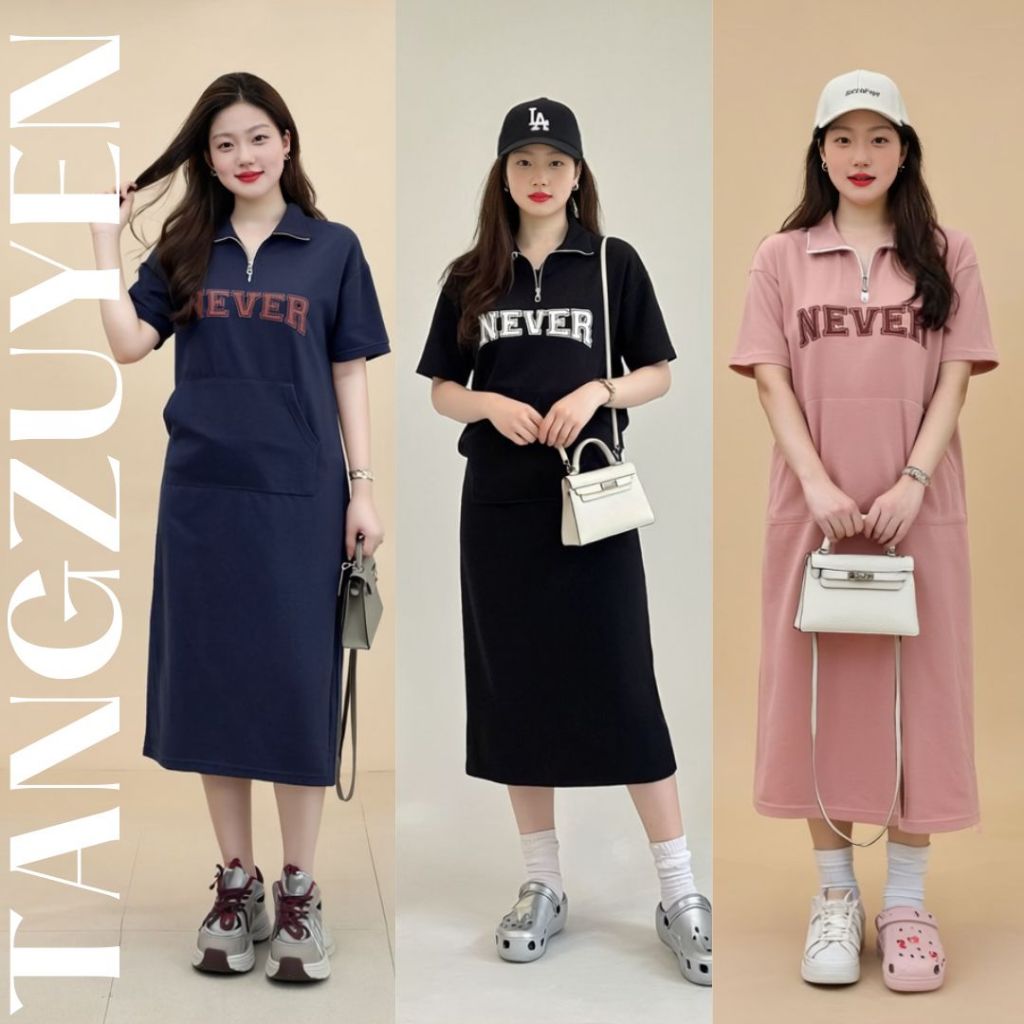 Đầm nữ Váy polo suông có túi trước ngực cổ khóa dáng dài cộc tay form rộng chữ Never bigsize bầu mặc được xinh T1314G