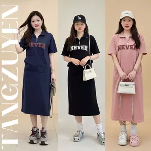 Đầm nữ Váy polo suông có túi trước ngực cổ khóa dáng dài cộc tay form rộng chữ Never bigsize bầu mặc được xinh T1314G