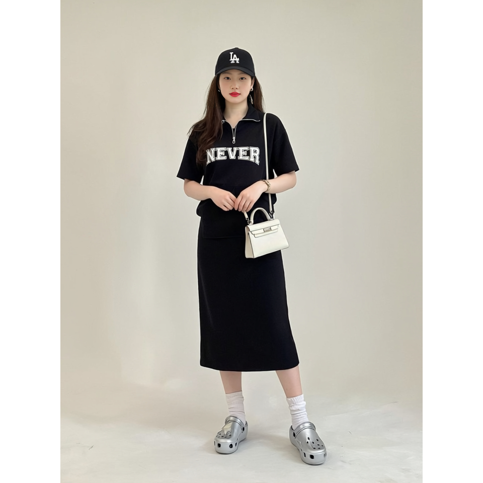 Đầm nữ Váy polo suông có túi trước ngực cổ khóa dáng dài cộc tay form rộng chữ Never bigsize bầu mặc được xinh T1314G