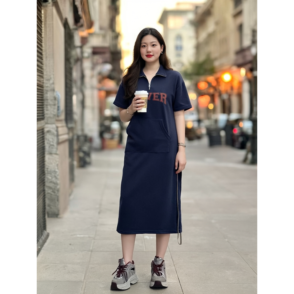 Đầm nữ Váy polo suông có túi trước ngực cổ khóa dáng dài cộc tay form rộng chữ Never bigsize bầu mặc được xinh T1314G