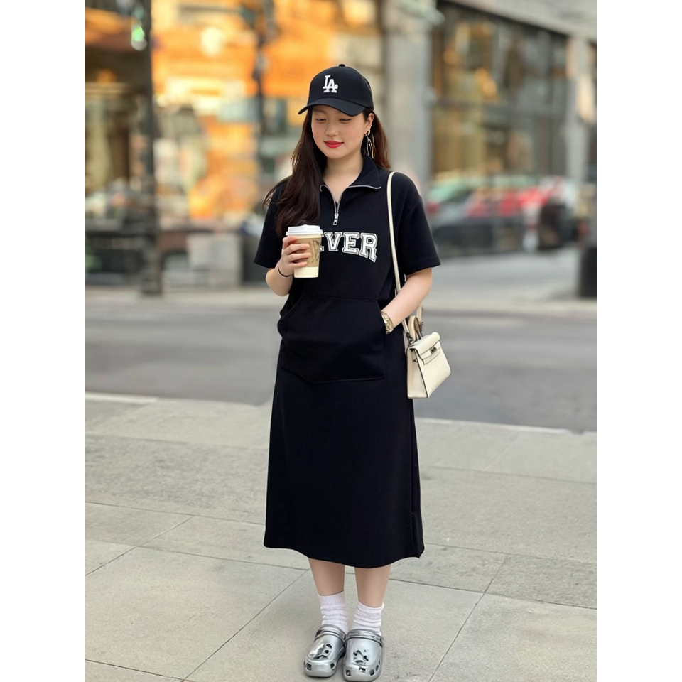 Đầm nữ Váy polo suông có túi trước ngực cổ khóa dáng dài cộc tay form rộng chữ Never bigsize bầu mặc được xinh T1314G