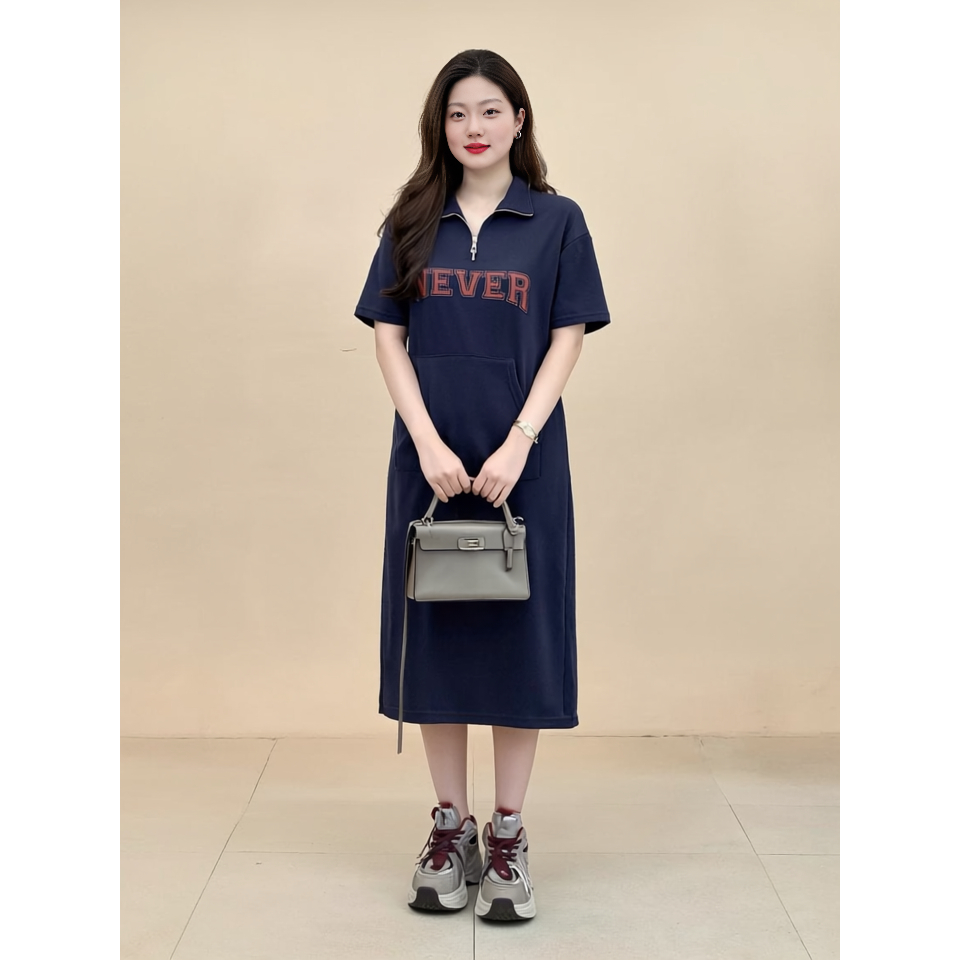 Đầm nữ Váy polo suông có túi trước ngực cổ khóa dáng dài cộc tay form rộng chữ Never bigsize bầu mặc được xinh T1314G