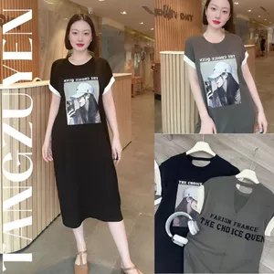Đầm nữ thun xinh Váy suông dáng dài hở lưng cộc tay không cổ họa tiết cô gái 3D phối viền trắng đen xám form rộng T1294G