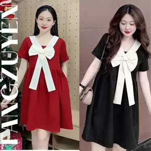 Đầm nữ dễ thương trẻ trung form rộng xòe xinh trẻ Váy babydoll nơ to dáng ngắn cộc tay cổ V 2 màu đỏ đen cute T1279G