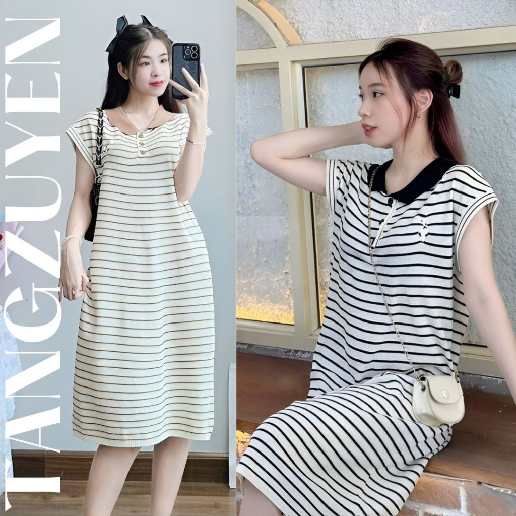 Đầm cộc tay suông Váy polo kẻ ngang cổ sen phối màu dáng dài qua gối form rộng basic đi chơi đi làm bigsize xinh T1277G