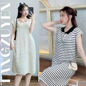 Đầm cộc tay suông Váy polo kẻ ngang cổ sen phối màu dáng dài qua gối form rộng basic đi chơi đi làm bigsize xinh T1277G