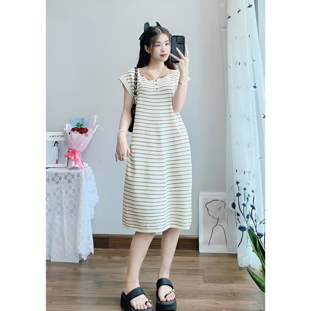 Đầm cộc tay suông Váy polo kẻ ngang cổ sen phối màu dáng dài qua gối form rộng basic đi chơi đi làm bigsize xinh T1277G