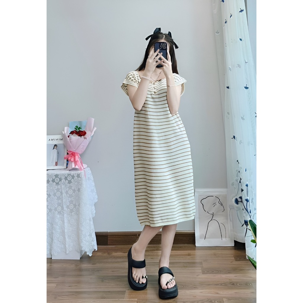 Đầm cộc tay suông Váy polo kẻ ngang cổ sen phối màu dáng dài qua gối form rộng basic đi chơi đi làm bigsize xinh T1277G