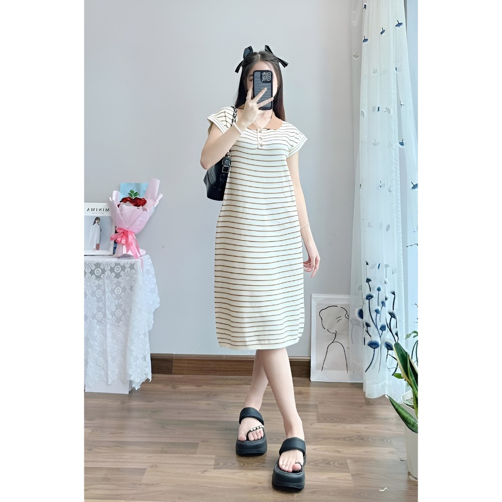 Đầm cộc tay suông Váy polo kẻ ngang cổ sen phối màu dáng dài qua gối form rộng basic đi chơi đi làm bigsize xinh T1277G