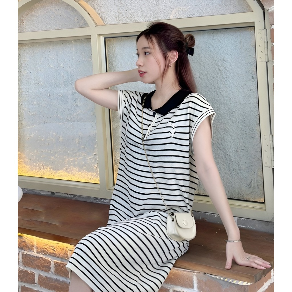 Đầm cộc tay suông Váy polo kẻ ngang cổ sen phối màu dáng dài qua gối form rộng basic đi chơi đi làm bigsize xinh T1277G