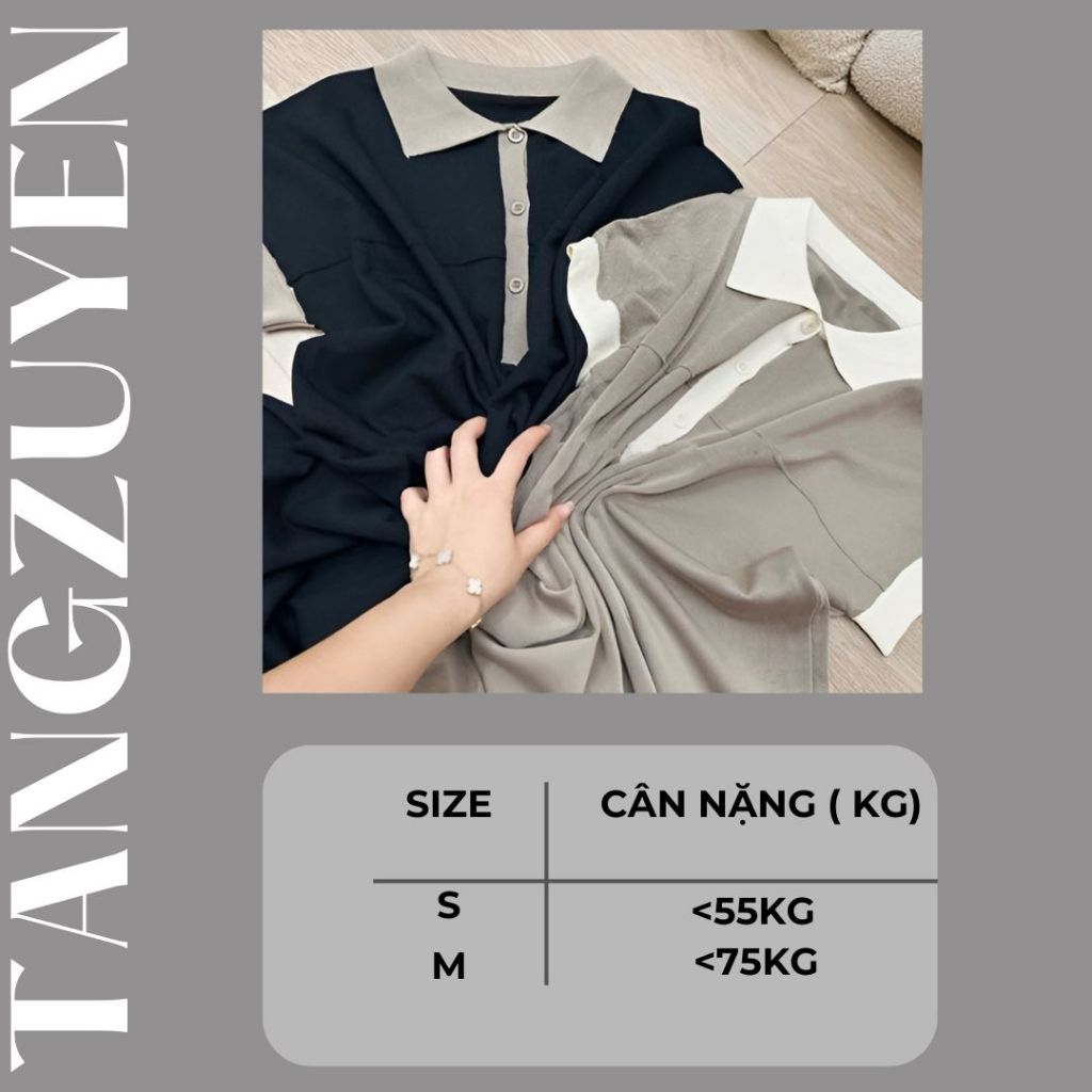Đầm nữ Váy thun polo suông dáng rộng  dài qua gối cộc tay đen nâu phối viền basic chubby bigsize bầu mặc được T1271G