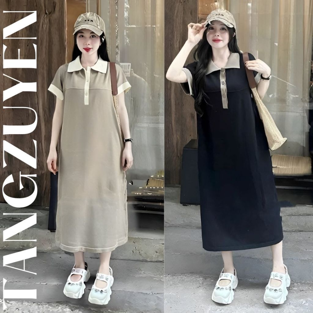 Đầm nữ Váy thun polo suông dáng rộng  dài qua gối cộc tay đen nâu phối viền basic chubby bigsize bầu mặc được T1271G