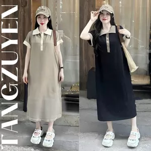 Đầm nữ Váy thun polo suông dáng rộng dài qua gối cộc tay đen nâu phối viền basic chubby bigsize bầu mặc được T1271G