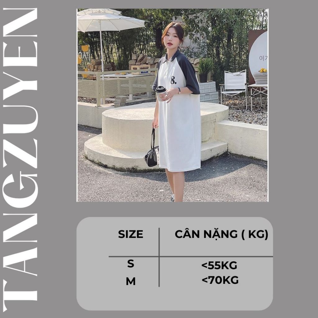 Đầm nữ Váy thun polo cộc tay dáng dài hình in 2 mặt phối màu raglan  form rộng cổ bẻ số 8 nâu trắng suông bigsize T1266G