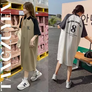 Đầm nữ Váy thun polo cộc tay dáng dài hình in 2 mặt phối màu raglan form rộng cổ bẻ số 8 nâu trắng suông bigsize T1266G
