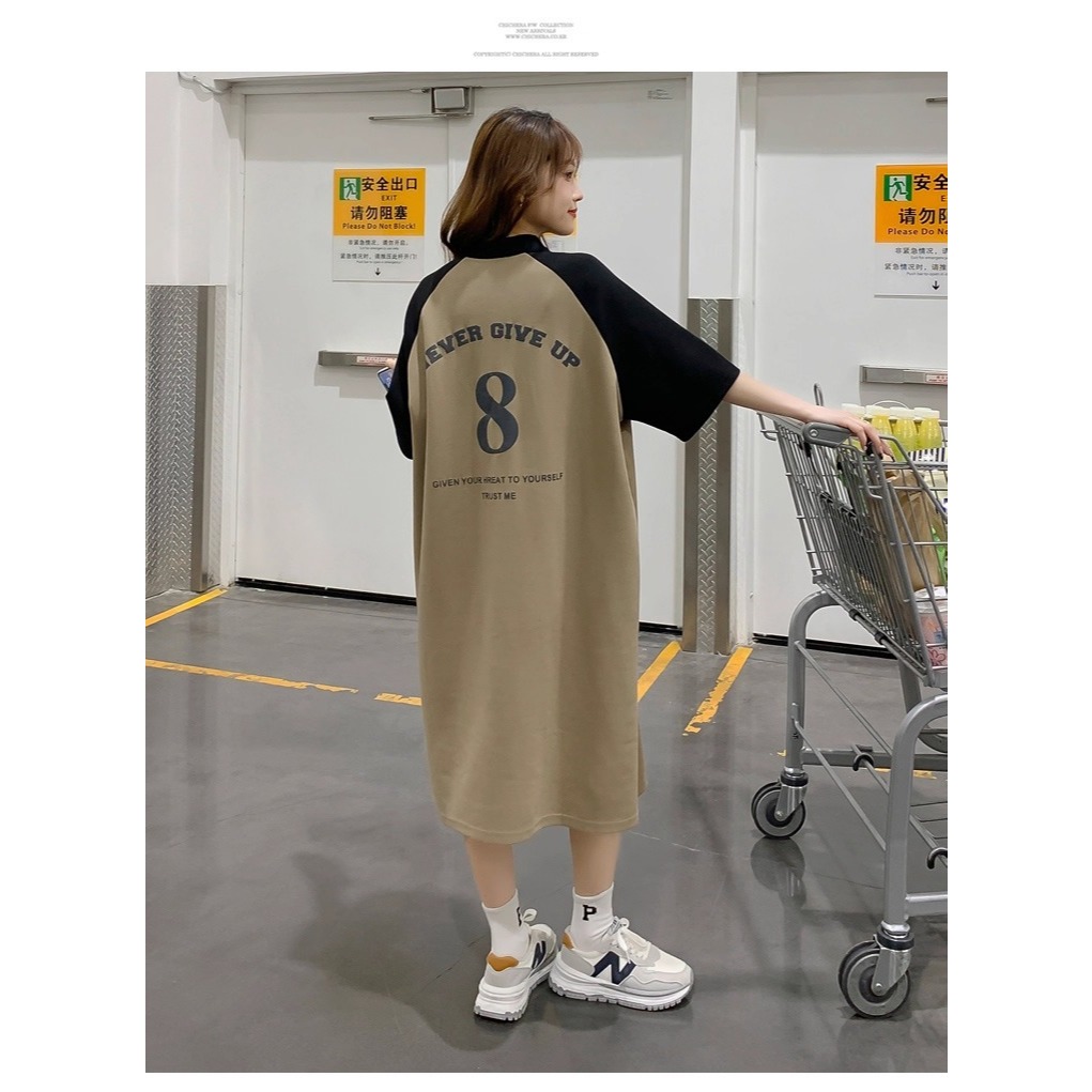 Đầm nữ Váy thun polo cộc tay dáng dài hình in 2 mặt phối màu raglan  form rộng cổ bẻ số 8 nâu trắng suông bigsize T1266G